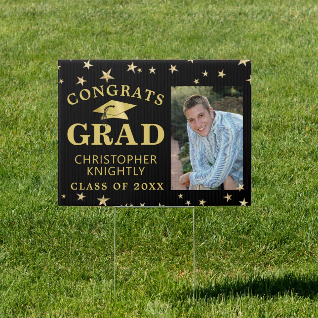 Congrats Grad Photo Black Gold Stars Graduation Sign | Zazzle