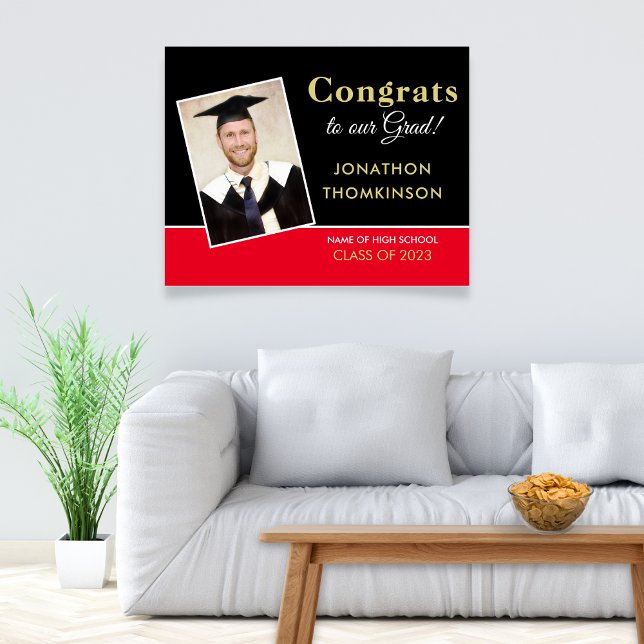 Congrats Grad Photo Black Red Gold Graduation Poster (Creator Uploaded)