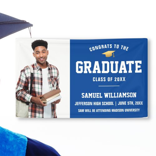 Congrats Grad Photo Blue Gold Graduation Party Banner