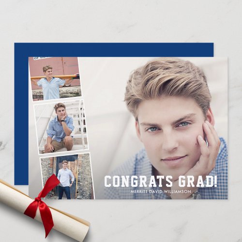 Congrats Grad Photo Collage Blue Graduation Party Announcement