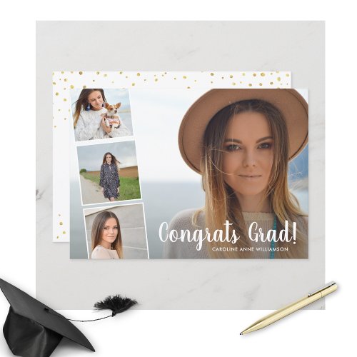 Congrats Grad Photo Collage Gold Graduation Party Announcement