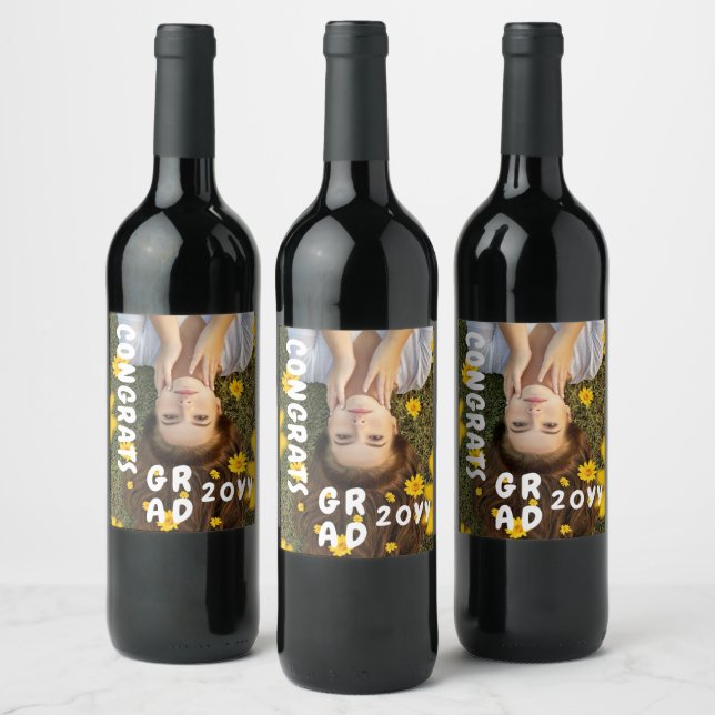 Congrats Grad Photo Date Graduation Modern Script Wine Label (Bottles)