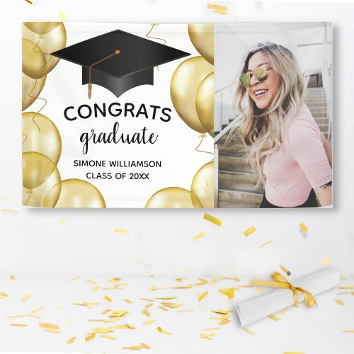 Congrats Grad Photo Gold Balloon Custom Graduation Banner