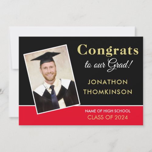 Congrats Grad Photo Gold Black Red 2024 Graduation Announcement