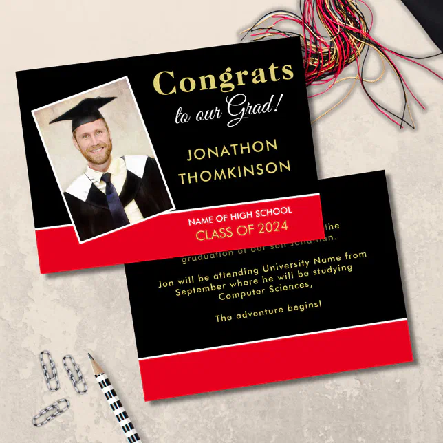 Congrats Grad Back Congrats Grad Photo Gold Black Red Graduation Announcement | Zazzle