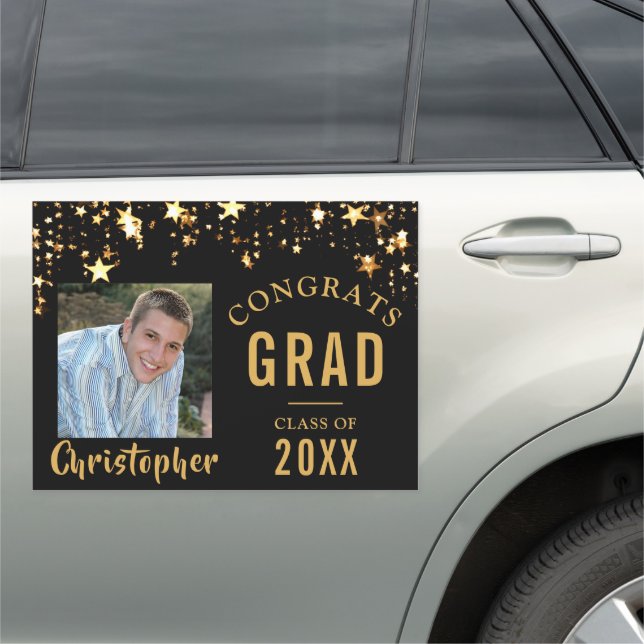CONGRATS GRAD Photo Gold Stars Black Car Magnet (In Situ)