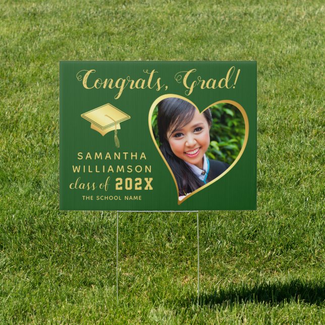 Congrats Grad Photo Green Gold Graduation Party Sign (Insitu)