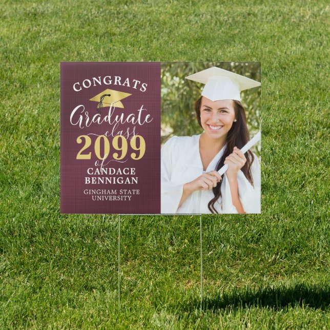 Congrats Grad Photo Maroon Gold Metallic Foil Sign (Insitu)