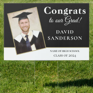 Congrats Grad Photo Name Black White Gold Sign