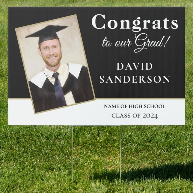 Congrats Grad Photo Name Black White Gold Sign (Insitu)