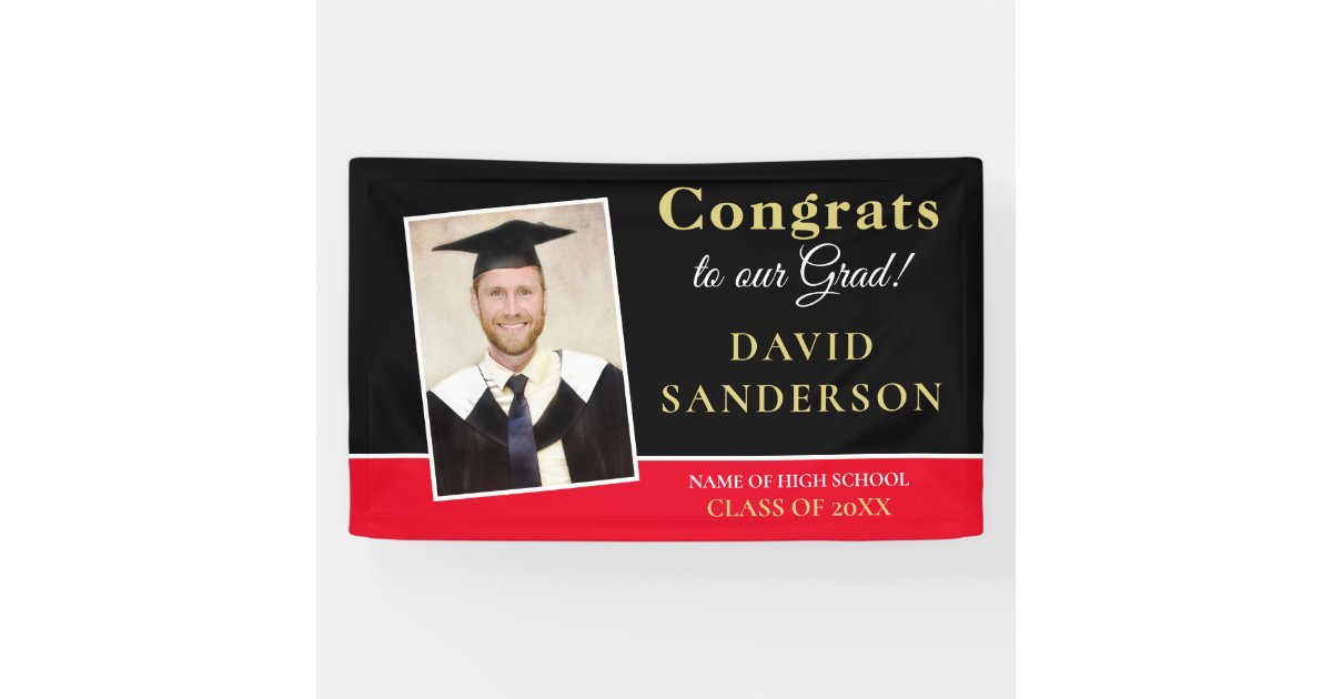 Congrats Grad Photo Name Gold White Black Red Banner | Zazzle