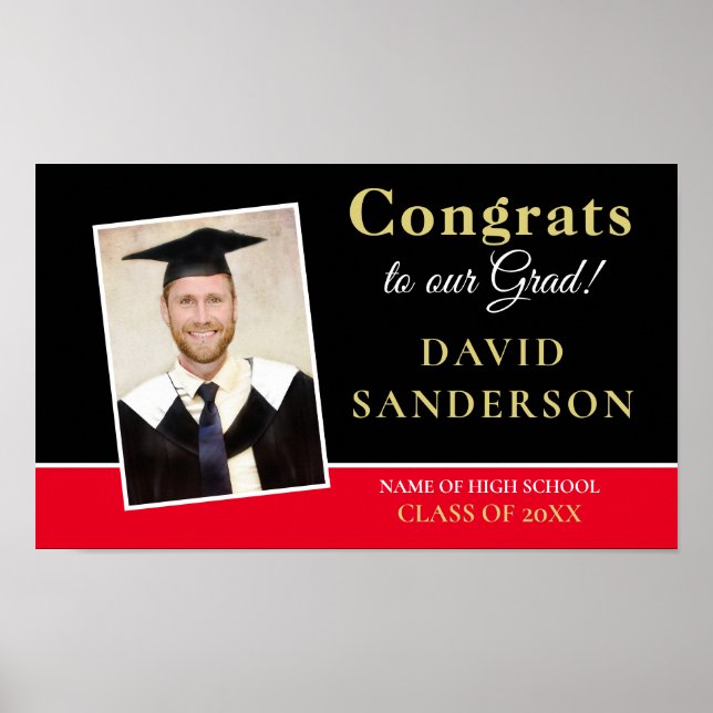 Congrats Grad Photo Name Gold White Black Red Poster (Front)