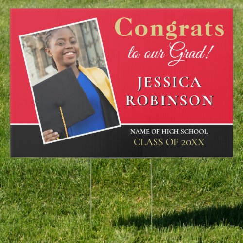 Congrats Grad Photo Name Gold White Black Red Sign