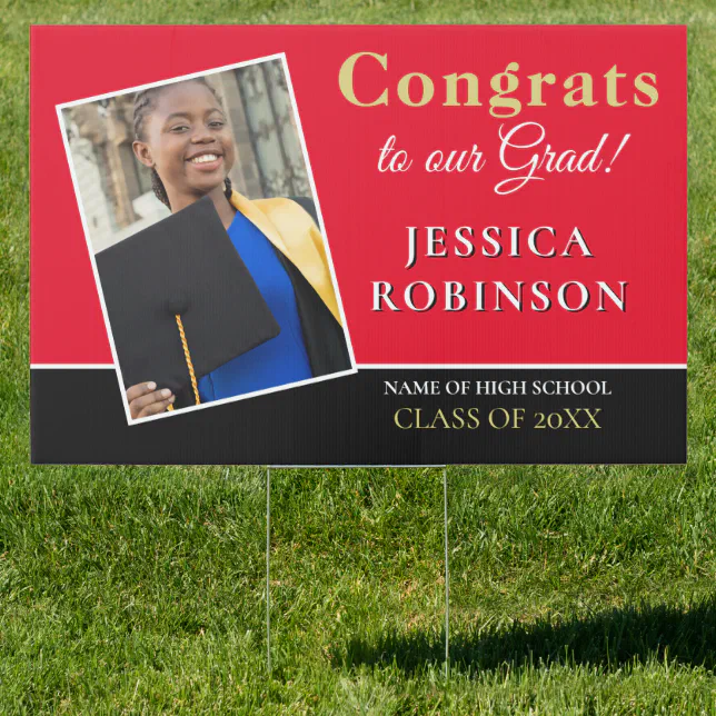 Congrats Grad Photo Name Gold White Black Red Sign | Zazzle