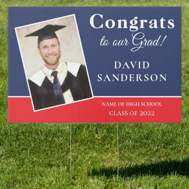 Congrats Grad Photo Name Navy Blue Red Sign (Insitu)