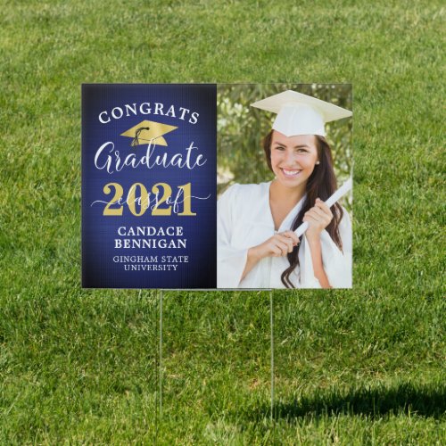 Congrats Grad Photo Navy Blue Metallic Foil Gold Sign