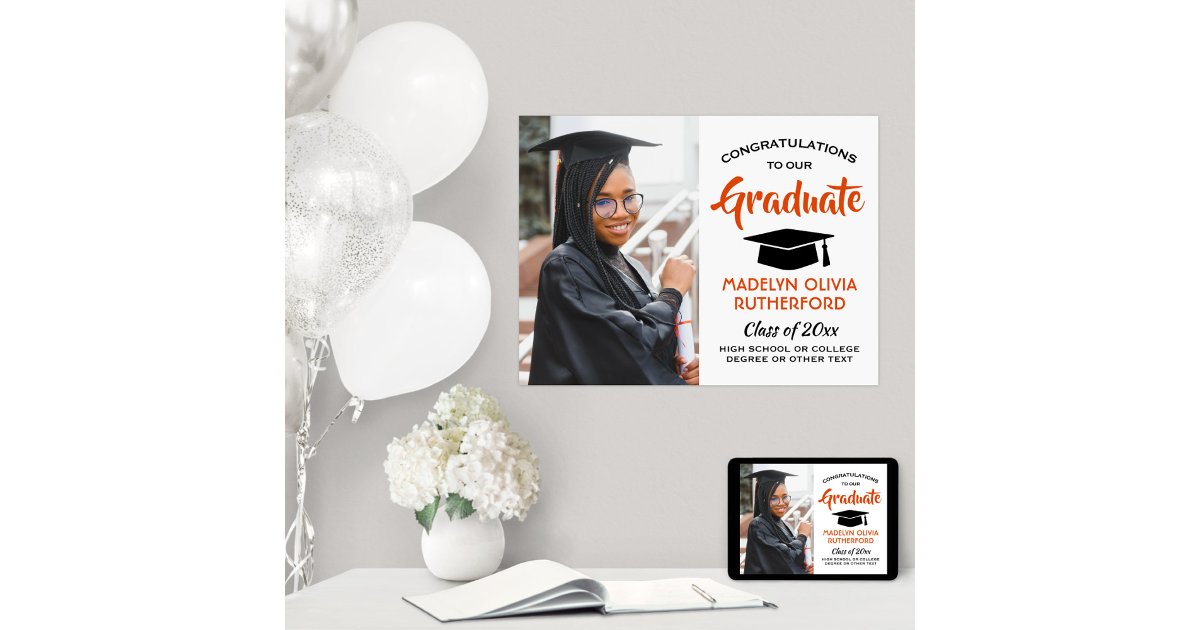 Congrats Grad Photo Orange White Black Graduation Poster | Zazzle