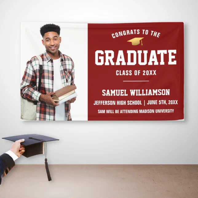 Congrats Grad Photo Red Gold Graduation Party Banner | Zazzle