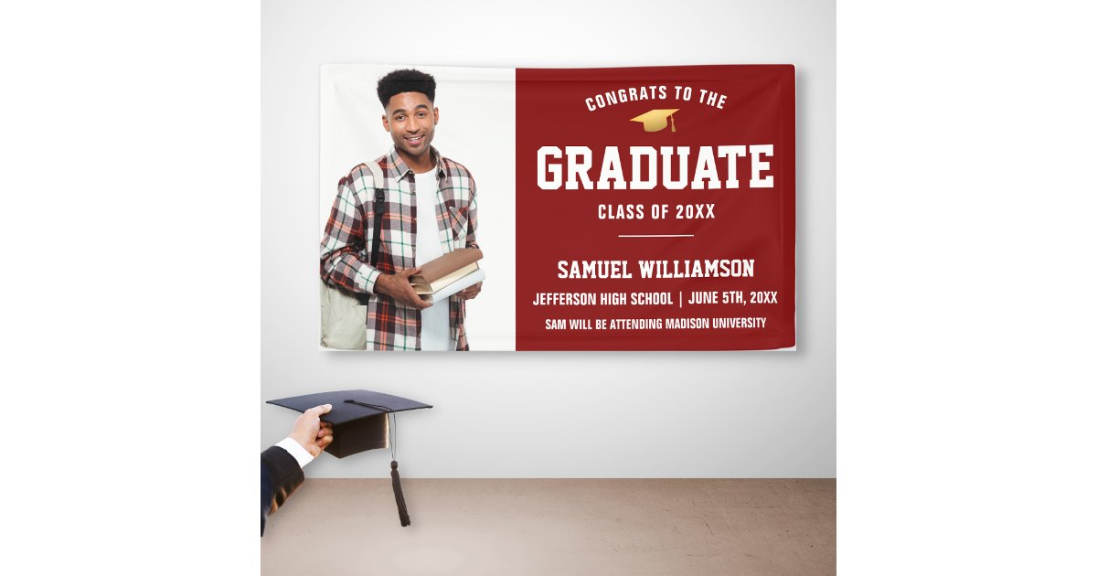 Congrats Grad Photo Red Gold Graduation Party Banner | Zazzle