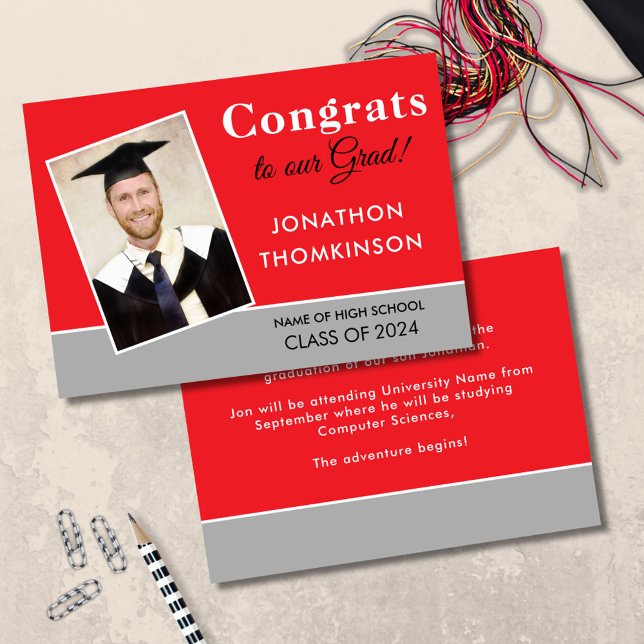 Congrats Grad Photo Red Silver 2025 Graduation Announcement (front and back view)
