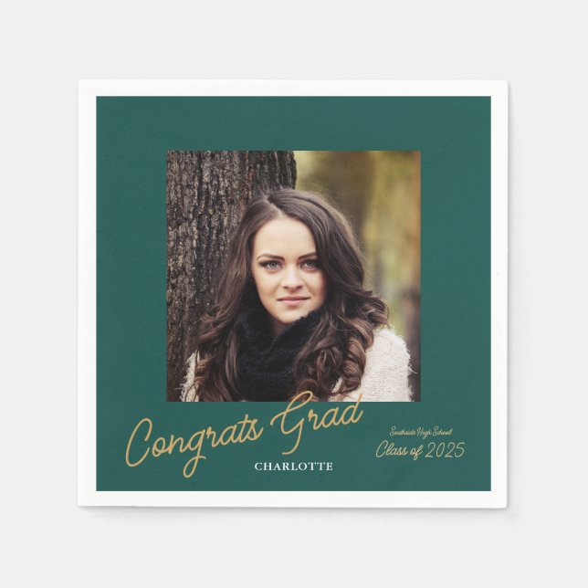 Congrats Grad Photo Script Graduation Party Napkins (Front)