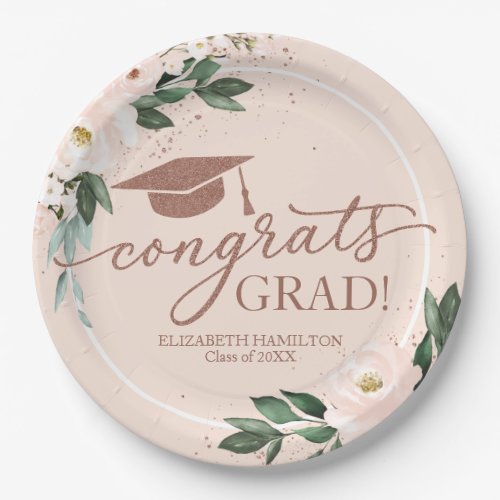 Congrats Grad Pink Blush Floral Graduation Party Paper Plates