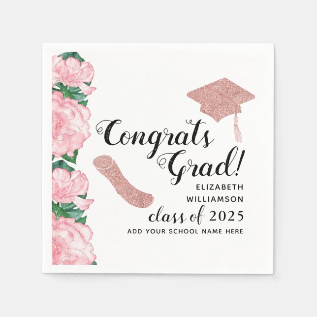Congrats Grad Pink Flowers Class 2025 Graduation Napkins (Front)