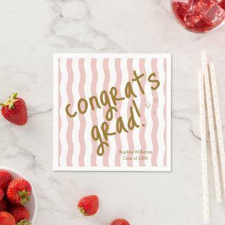 Congrats Grad Pink Wavy Stripe Graduation Napkins