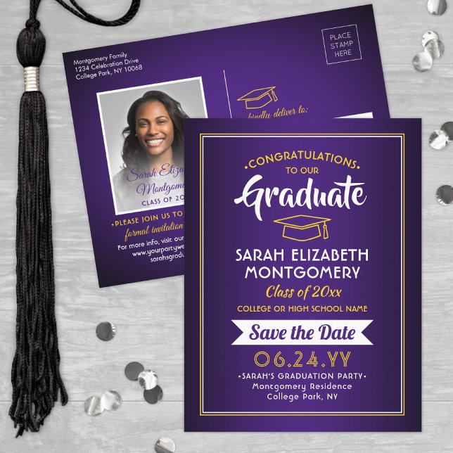 Congrats Grad Purple and Gold Save the Date Photo Announcement Postcard (Creator Uploaded)