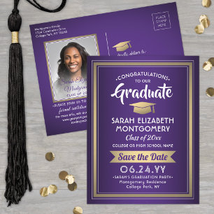 Congrats Grad Purple and Gold Save the Date Photo Announcement Postcard