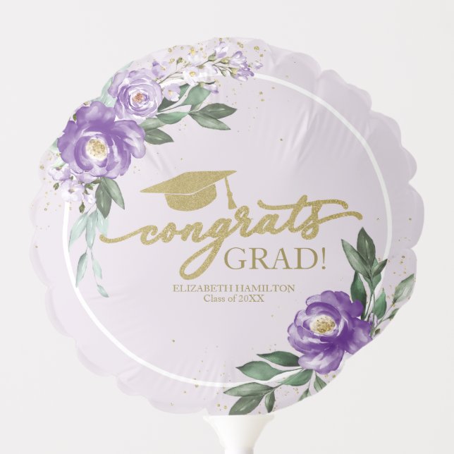 Congrats Grad Purple Floral Graduation Party Balloon (Front)