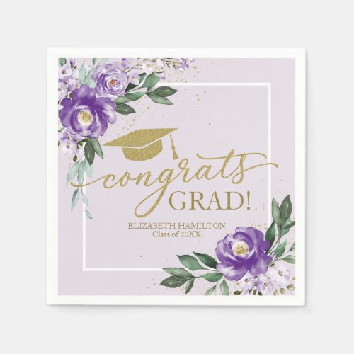Congrats Grad Purple Lavender Floral Grad Party Napkins