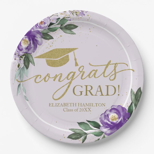 Congrats Grad Purple Lavender Floral Grad Party  Paper Plates (Front)