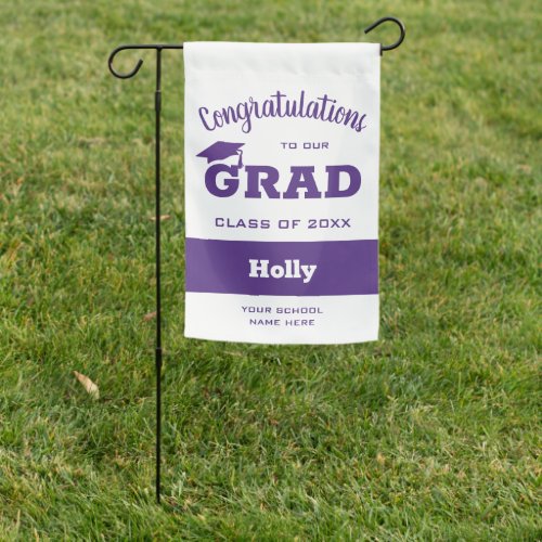 Congrats Grad Purple on White Graduation Garden Flag