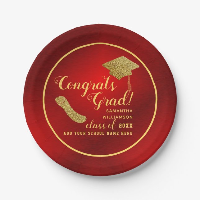 Congrats Grad Red and Gold Class of 2025 Paper Plates (Front)