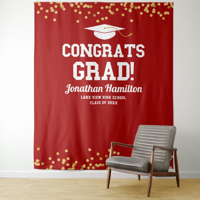 Congrats Grad Red Gold Grad Party Backdrop (In Situ)