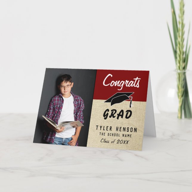Congrats Grad Red Rustic Photo Graduation Card (Front)