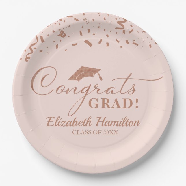 Congrats Grad Rose Gold Script Graduation Party Paper Plates (Front)
