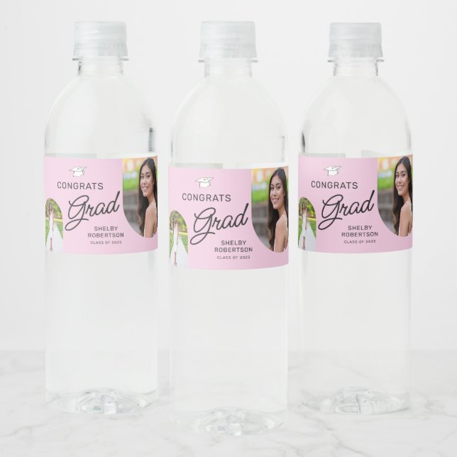 Congrats Grad Script Modern Arch 2 Photo  Water Bottle Label (Bottles)