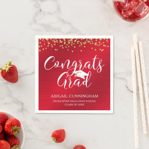 CONGRATS GRAD Script Typography Metallic Red Gold Napkins