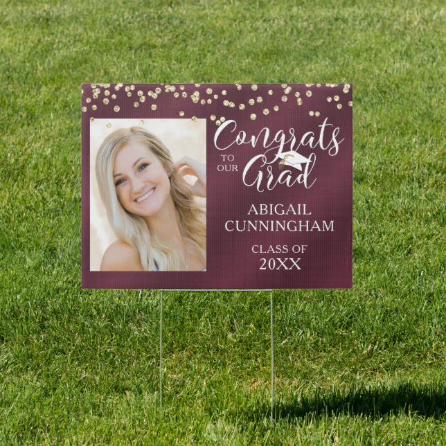 CONGRATS GRAD Script Typography Photo Maroon Sign | Zazzle