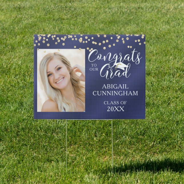 CONGRATS GRAD Script Typography Photo Navy Blue Sign (Insitu)