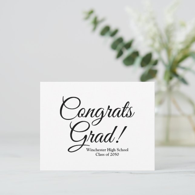 Congrats grad white black custom school class year note card (Standing Front)