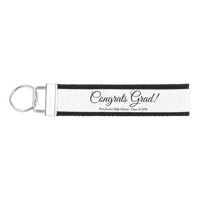 Congrats grad white custom script text class year wrist keychain (Keys on Left)