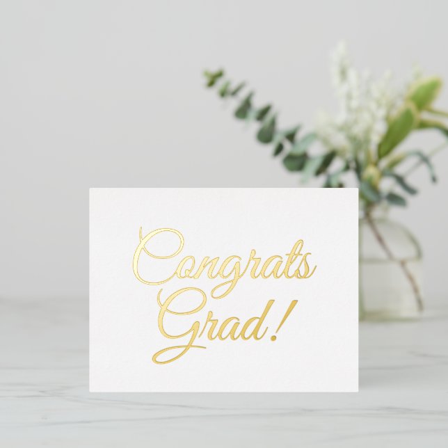 Congrats grad white gold custom script elegant foil holiday postcard (Standing Front)