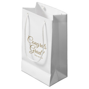 Congrats grad white gold script class year elegant small gift bag
