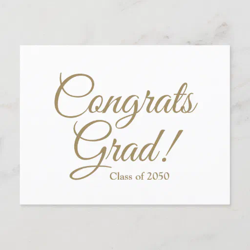 Congrats grad white gold script custom class year postcard