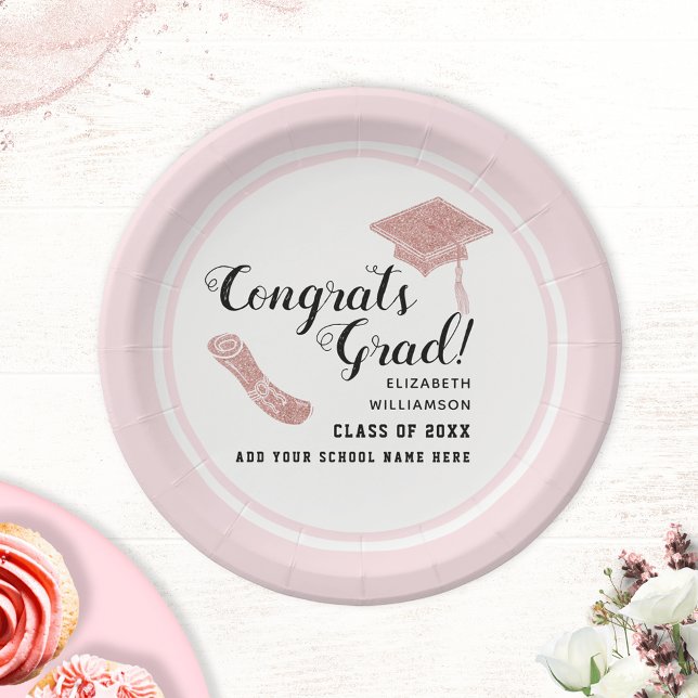 Congrats Grad White Pink Class 2025 Graduation Paper Plates (Creator Uploaded)