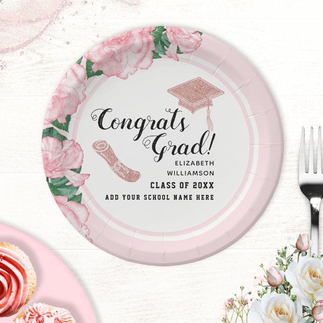 Congrats Grad White Pink Floral Graduation Paper Plates (Creator Uploaded)