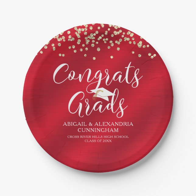 CONGRATS GRADS Red Gold Confetti Personalized Paper Plates (Front)